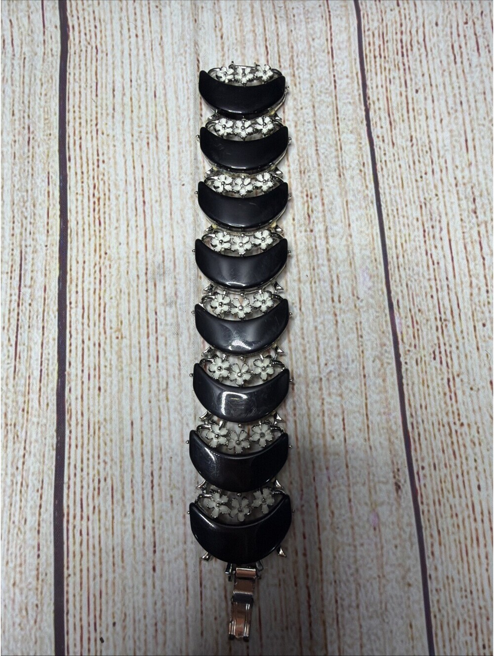 Estate  Black Lucite Crescent Moon With White Enamel Flowers Bracelet